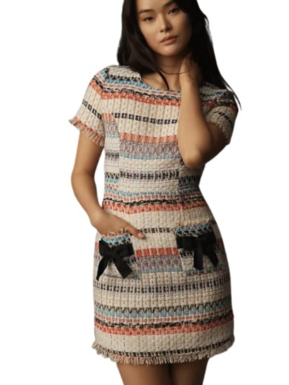 Walter Baker Womens Jada Mini Shift Dress In Sailing Tweed Fringed Bows 6 New